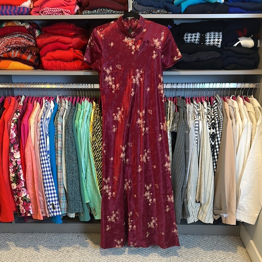 Vintage CDC Petites maroon/cream short sleeve mandarin collar maxi dress size 12